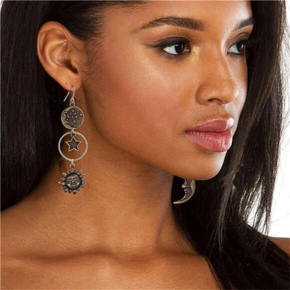 Asymmetrical Sun Moon Star Earrings | Vintage Celestial Dangle Earrings - Picture 4 of 5